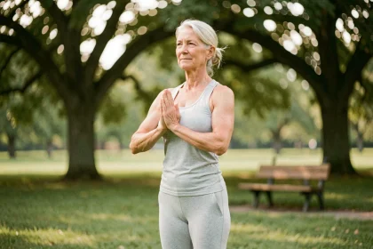 Femme retraitée pratiquant le yoga doux en plein air dans un parc verdoyant pour réduire l'anxiété