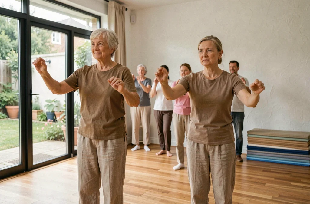 Femmes retraitées pratiquant le tai chi en salle lors d'un cours collectif pour réduire l'anxiété après la retraite