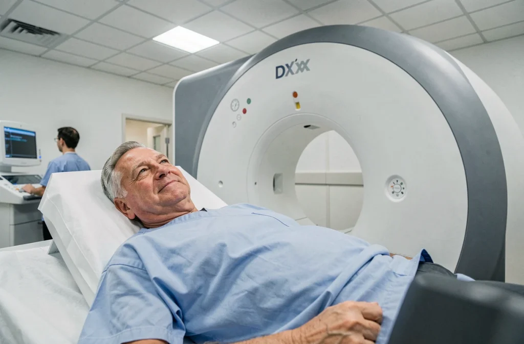 Homme de plus de 60 ans allongé sur un scanner de densitométrie osseuse DXA pour un dépistage précoce de l'ostéoporose en milieu hospitalier