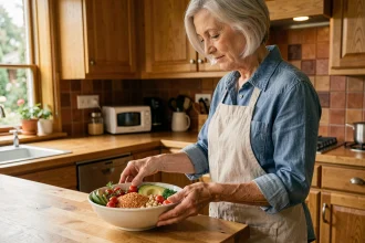 Femme senior préparant un bol de légumineuses et légumes riches en fibres dans une cuisine lumineuse