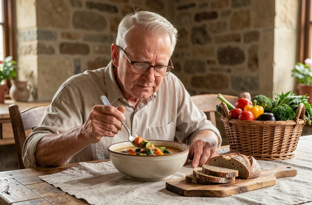 Senior masculin savourant une soupe de légumes et du pain complet riche en fibres dans une salle à manger rustique