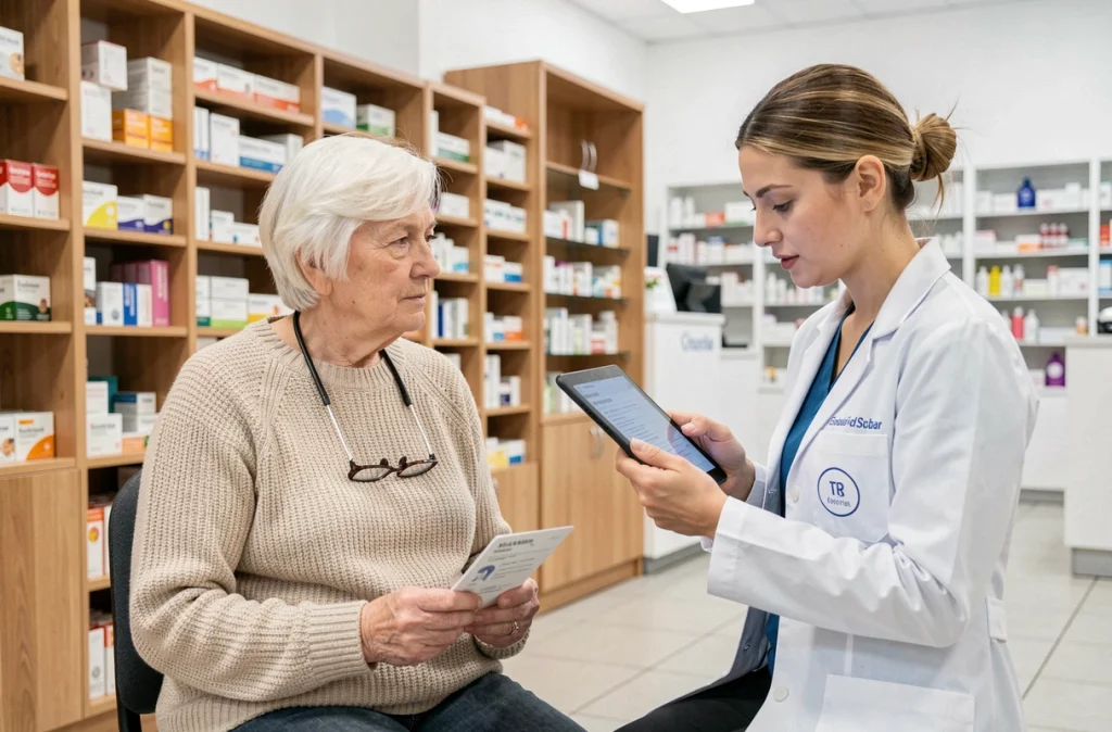 Femme âgée consultant une pharmacienne à propos de son carnet de vaccination en pharmacie