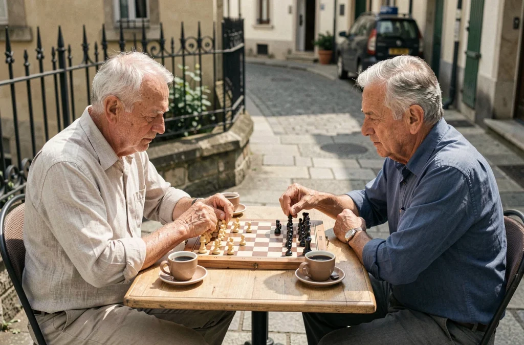 Deux hommes âgés jouant aux échecs en terrasse de café pour exercer leur mémoire et leurs fonctions cognitives