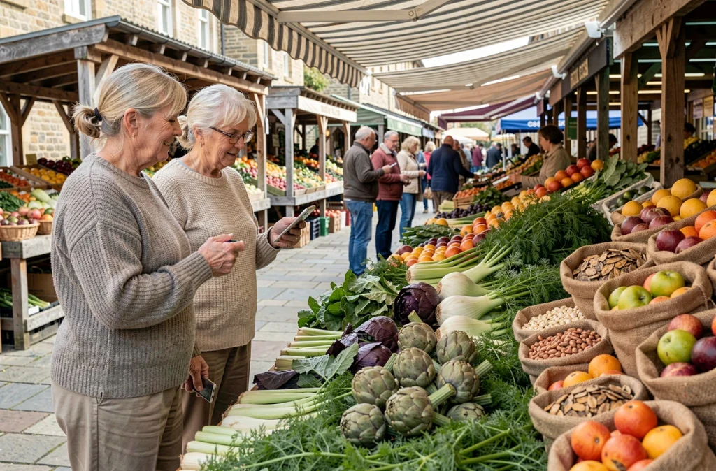 Deux femmes seniors choisissant des légumes frais riches en fibres sur un marché fermier en plein air