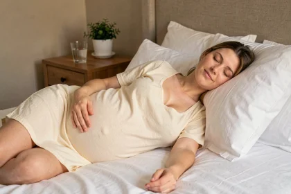 Femme enceinte au deuxième trimestre dormant sur le côté avec un oreiller de grossesse dans une chambre cosy aux draps blancs
