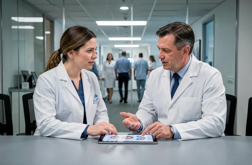 Deux spécialistes en chirurgie esthétique intime échangeant sur les tendances 2026 lors d'une réunion médicale en clinique privée