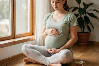 Femme enceinte assise sur un plancher en bois, les mains posées sur son ventre, l'air pensif, illustrant le stress prénatal et la gestion des émotions durant la grossesse