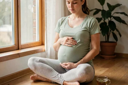 Femme enceinte assise sur un plancher en bois, les mains posées sur son ventre, l'air pensif, illustrant le stress prénatal et la gestion des émotions durant la grossesse