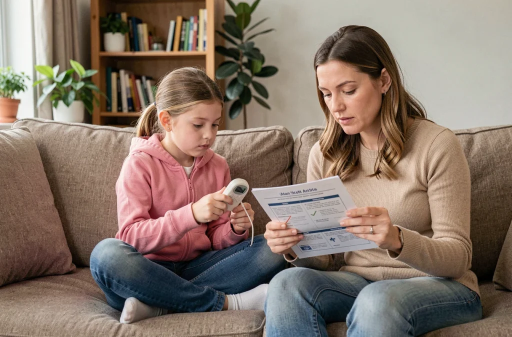 Mère et fille révisant un plan de gestion de l'asthme à domicile avec un débitmètre de pointe
