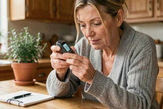 Femme mesurant sa glycémie à domicile avec un glucomètre, assise à une table en bois dans une cuisine chaleureuse