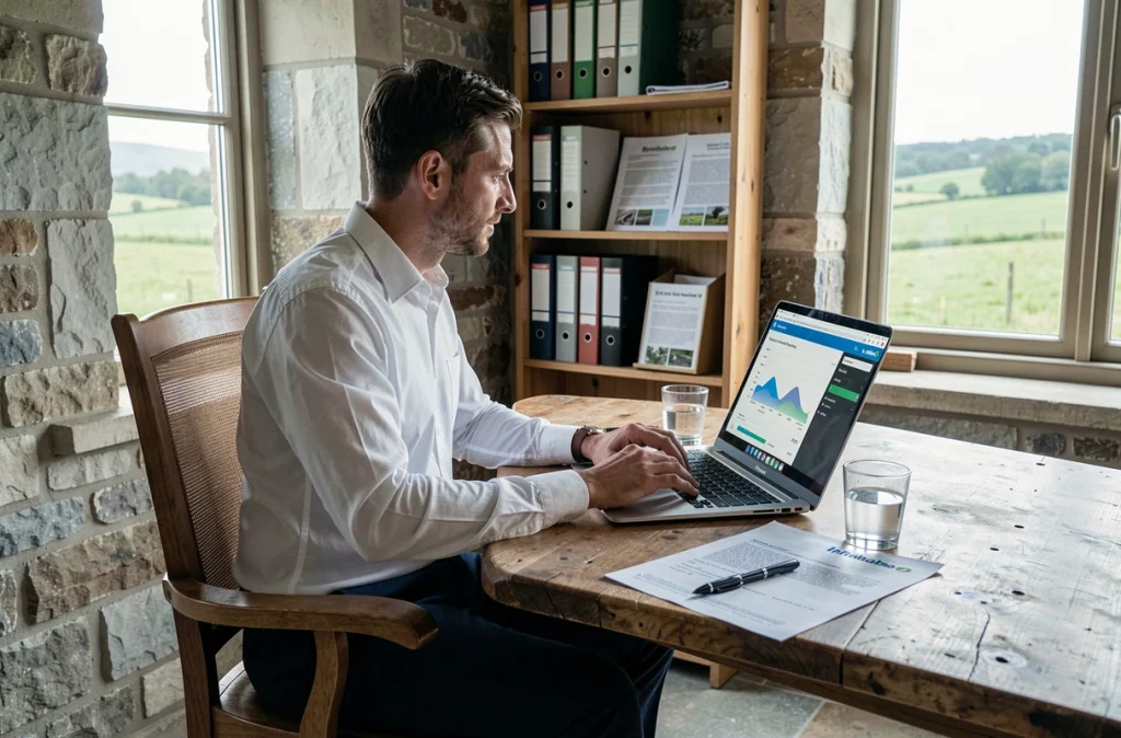 Technicien agricole consultant la plateforme Infolabo sur ordinateur portable dans un bureau de ferme