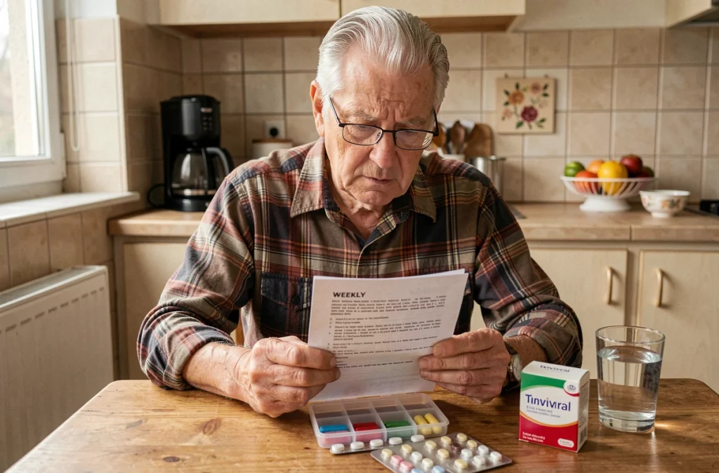 Homme âgé gérant son traitement antiviral contre le zona à domicile avec médicaments et ordonnance