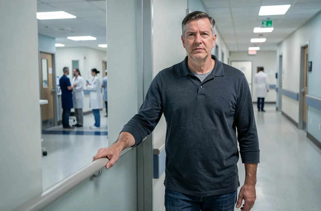 Patient dans un couloir hospitalier tenant une rampe, évoquant les troubles de l'équilibre liés à la sclérose en plaques