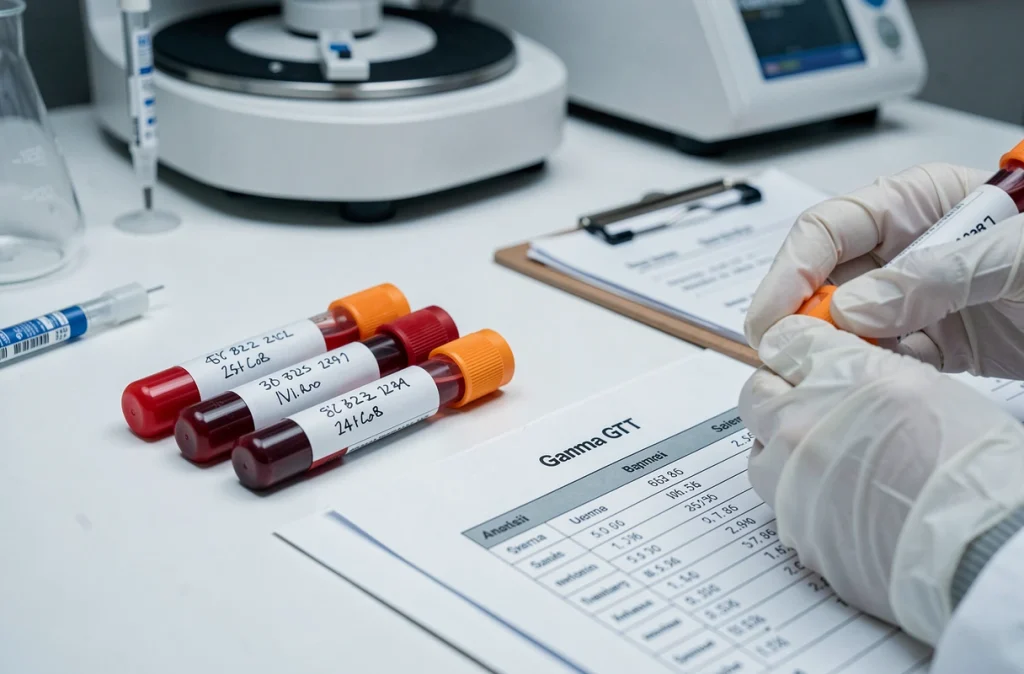Tubes de prélèvement sanguin et résultats d'analyse biologique montrant les valeurs de Gamma GT en laboratoire