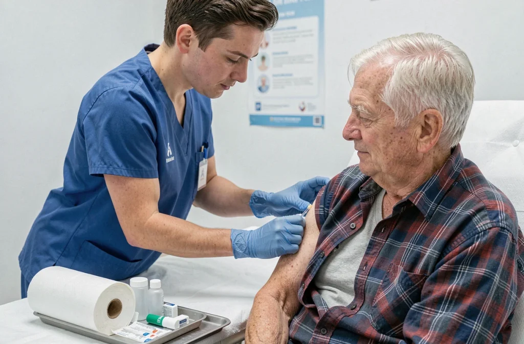 Un infirmier administrant le vaccin contre la grippe à une personne âgée dans un centre de vaccination