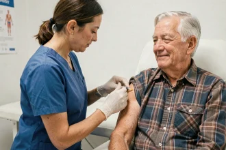 Infirmière administrant un vaccin à un homme âgé en consultation médicale