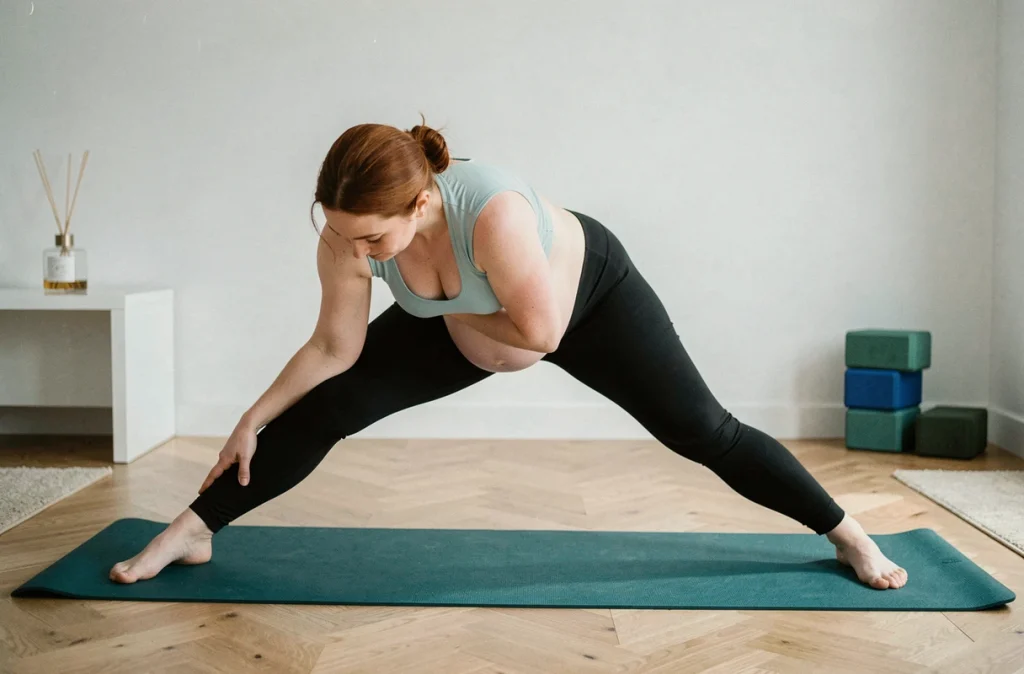Femme enceinte pratiquant le yoga prénatal chez elle sur un tapis de yoga, une méthode efficace pour réduire le stress pendant la grossesse