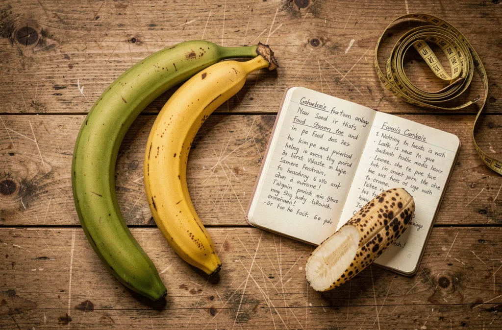 Bananes à différents stades de mûrissement posées sur une table en bois avec un journal alimentaire et un mètre ruban, symbolisant le régime et les ballonnements