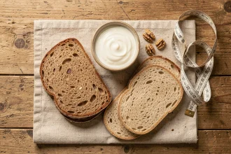 Comparaison entre biscottes et pain complet sur une table en bois avec yaourt et mètre ruban pour illustrer un régime ventre plat
