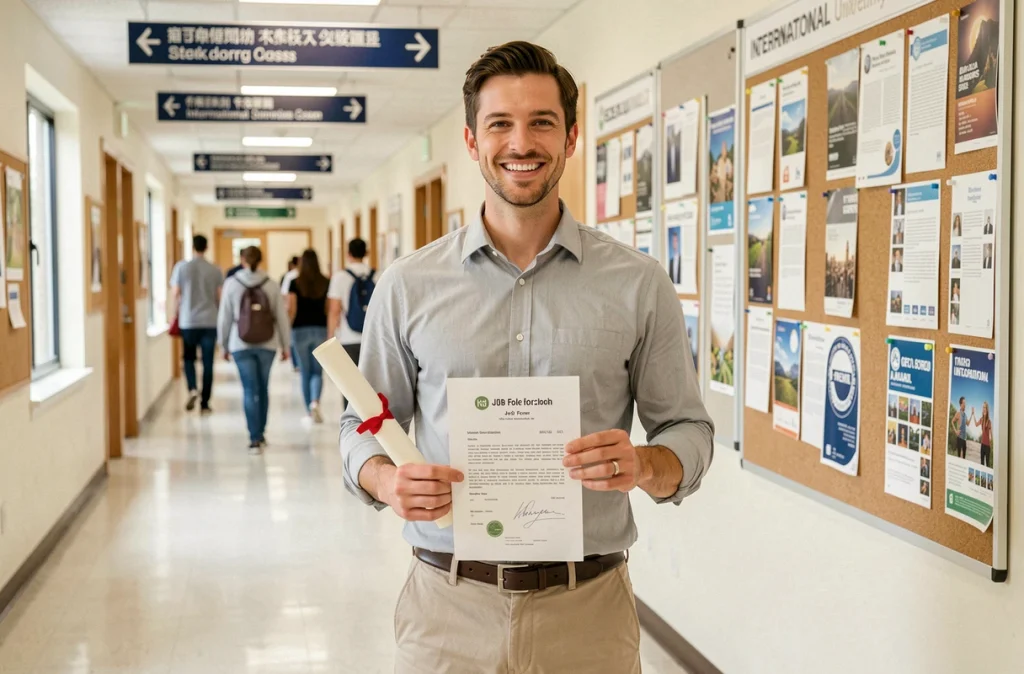 Jeune ergothérapeute diplômé tenant une offre d'emploi international dans un couloir universitaire