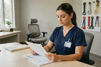 Ergothérapeute française travaillant dans une clinique à l'étranger, examinant des documents d'évaluation de patients