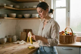 Femme épluchant une banane mûre dans une cuisine en bois, illustrant le lien entre la banane et la perte de poids du ventre