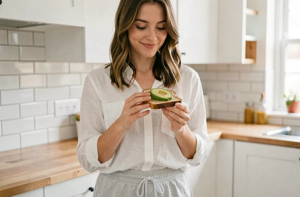 Femme tenant une tranche de pain complet grillé à l'avocat dans une cuisine moderne dans le cadre d'un régime ventre plat