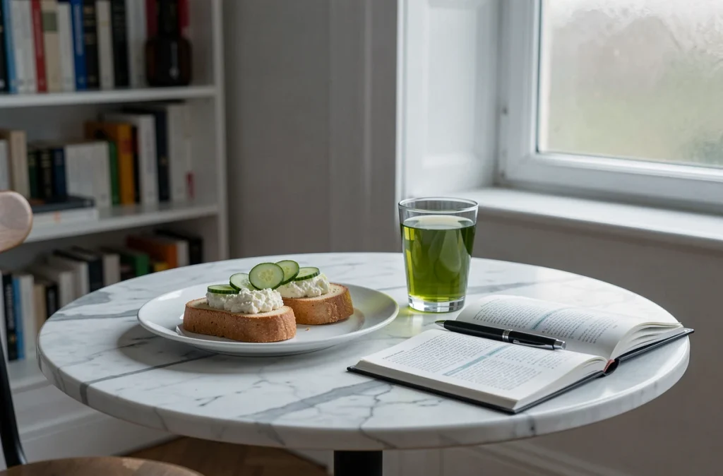 Petit-déjeuner avec biscottes et fromage blanc sur une table en marbre dans un appartement parisien pour un régime ventre plat