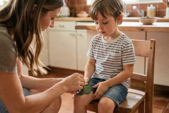 Mère appliquant un emplâtre d'argile verte sur le genou d'un jeune enfant dans une cuisine familiale chaleureuse