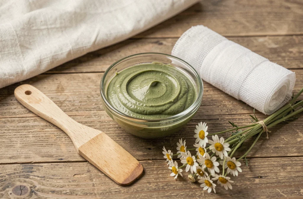 Préparation d'un emplâtre d'argile verte naturelle avec gaze et spatule en bois sur une table en lin